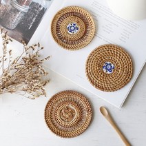 도자기 라탄티코스터 라탄컵받침 원형티코스터, 세라믹짜임