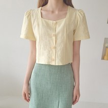 린넨 스퀘어넥 셔링 반팔 숏 크롭 블라우스 노랑 핑크 소라