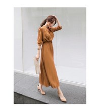 차이나 스탠드 카라 하늘하늘 쉬폰 셔링 플리츠 주름 치마 3색 꾸안꾸 여성 롱 원피스