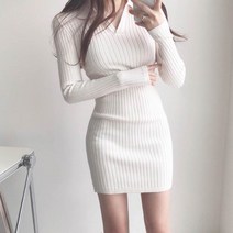 [랜덤플레이] 브이넥 카라 골지 니트 슬림 원피스