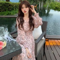 첫사랑 분위기 핑크 플라워 원피스 달콤한 쉬폰 이너 핑크 롱스커트 롱원피스 새내기