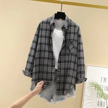 카라넥 여성의류 체크남방 긴소매코트 와이드 루즈핏 슬림핏 와이셔츠 봄가을 상의 3632459033, 블랙 블랙 칸