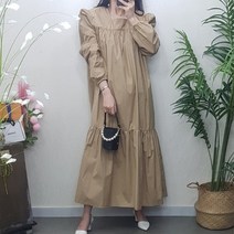 제이후 루즈핏 스퀘어넥 바스락 코튼 베이지 퍼프 셔링 플레어 맥시 롱 원피스