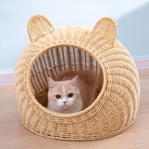 PEARL PANDA 고양이 숨숨집 라탄하우스 사계절용 캣하우스, 베이지