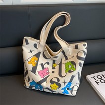 태국 패션 브랜드 만화 토트 백 대용량 캔버스 가방 곰 편지 인쇄 쇼핑백 숄더백 여성