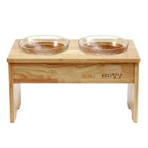 찐대형견 2구 원목식탁 유리볼식기 2개+ 각인서비스, 식탁높이 30cm