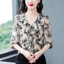 도희날다 2070 여름 7부소매 프릴 주름 블라우스 고급스러운 장미꽃 중년 빅사이즈 블라우스