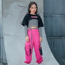 방송 댄스의상 댄스복 힙합 10대 여아 힙합 격자 탑스 캐주얼 카고 바지 재즈 공연