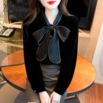 쩐쿠 겨울 여성 벨벳 리본 데일리 블라우스 8618