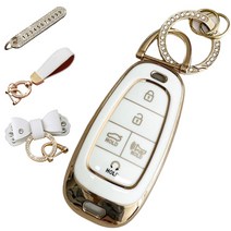 루루형제 현대 자동차 그랜저HG / 싼타페DM / 제네시스DH / 맥스크루즈 / 아슬란 / 신형에쿠스 키케이스 4버튼 트렁크 + 번호 키링, 키케이스+번호키링+가죽리본키링+가죽스트랩, AH-06, 크림화이트