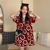 귀여운 하프 니트 반팔 티셔츠형 원피스 캐주얼룩