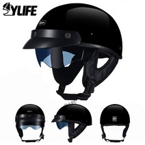 반모헬멧 여름 레트로 오토바이 헬멧 도트 인증 모토 헬멧 남성 및 여성용 하프 헬멧 HD 렌즈 사계절, 01 CK-535-Bright-Black