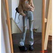 센스 마이크로 혼 청바지 여성 봄과 가을 높은 허리 슬림 스트레이트 롱 바지