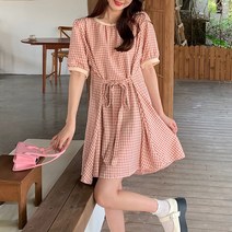패스타임 여성 여름 소녀 귀여운 데일리 깅엄체크 라운드넥 스트랩 미디원피스 나들이룩