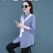 Makone 여자 봄가을 상의미디 스트라이프 셔츠 배색 여 긴팔 봄 가을 자외선 차단 화이트 블루 상의 여 코디