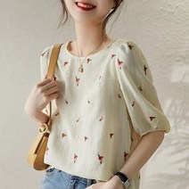 여성 여름 플라워 자수 퍼프 지지미 반팔 여름 블라우스