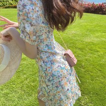 여름 휴양지 바닷가 린넨 랩 플라워 비치 미니 원피스