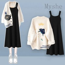 [Myshe]봄 투피스 나시 원피스 니트 가디건 여성 패션 세트 Shefei1213Q7