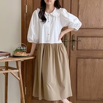 리브 배색 프릴카라넥 볼륨 퍼프소매 셔링 A라인 스판 롱 원피스