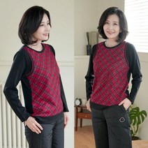 쉬즈마담 T56535 레드체크 조끼배색롱티 중년여성의류