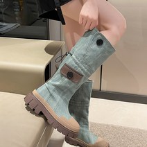 그러나 무릎 롱 부츠 여성의 2023 가을 및 겨울 새로운 빈티지 데님 두꺼운 하단 툴링 부츠 쉘 헤드 하이 나이츠 부츠