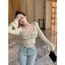 여성용 달콤한 Gyaru 행잉 넥 레이어드 티셔츠 봄 디자인 센스 긴 상의 타이트 플리츠 배꼽 보터밍 셔츠