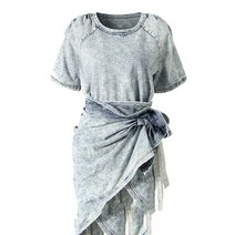 여름 2022 패션 우아한 여성 라이트 블루 데님 두 조각 세트 o-넥 티셔츠 불규칙한 drawstring bodycon 스커트 gf368