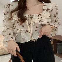 제인 플라워 스퀘어넥 프릴 러블리 데일리 블라우스 (살구 화이트)