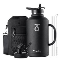Trebo 손잡이가 달린 1.9L(64온스) 물병 1.9L(0.5갤런) 스테인리스 스틸 금속 대형 저그 빨대 뚜껑이 있는 여행용 플라스크 보온병 휴대용 파우치가 있는 머그 텀, Black