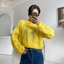 브이와이 여자 비비드 꽈배기 크롭 긴팔 울니트 무지 티셔츠