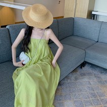 KORELAN 아보카도 그린 슬링 드레스 여름 민소매 원워드 넥 오프 숄더 라지 스윙 롱 스커트 싼야 해변 홀리데이 비치 스커트
