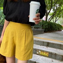 컬러 옐로우 린넨 A라인 여성 반바지