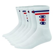 Champion 더블 드라이 모이스처 위킹 챔피언 로고 6 또는 12팩 크루 양말 블랙 앵클 C (6팩), 6-12, White With 3 Cs (6 Pack)