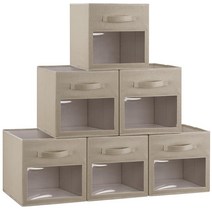 Posprica 투명 창이 있는 33 x 33cm(13 13 13인치) 보관함 손잡이가 달린 6팩 큐브 접이식 패브릭 보관 용기 상자 정리함 옷 장난감 책 옷장용 선반 바구니 베이, Coffee