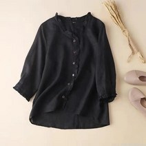 라오농 여성 룩 자르는 표시 면마블라우스 상의 단아한 칠부 소매 솔리드 무지 린넨 와이셔츠L