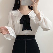 블라우스 시폰 셔츠 여성 2023 여성스러운 프릴 v 넥 나비 넥타이 루즈핏 패션 프렌치 스타일 긴팔 셔츠 블라우스