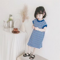 2021 해군 스타일 블루 스트라이프 민소매 티셔츠 드레스