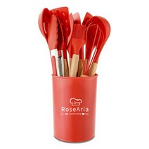 Rosearia 실리콘 나무 손잡이 주방 조리도구 12종 세트, 레드