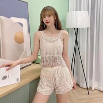 라운드넥 여름 크롭 펀칭 레이스 니트 술 나시 민소매 티 셔츠 시원한 반바지 세트 크림색