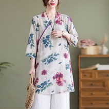 에스닉셔츠 무드 여성의류 여름 티 유니폼 부처님 단아한 차이나 아시아 마 반팔 중국식 면린넨 상의 4697638365