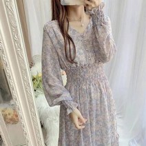 잔잔한 꽃무늬 V넥 허리주름 쉬폰 롱원피스
