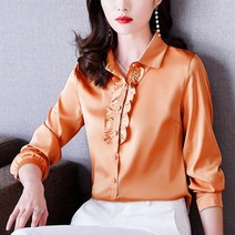자칠 한국 실크 여성 블라우스 긴 소매 사무실 레이디 버튼 셔츠 위로 우아한 여성 새틴 셔츠 탑스 Blusas Mujer, 오렌지 레드
