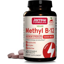 Jarrow Formulas 최대 강도 메틸 B-12 5000mcg 세포 에너지 생산 및 뇌 건강 지원을 위한 보조 식품 체리 맛 츄어블 정제 60정 60일 분량, [01] 60개(1팩)