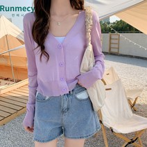 런메시Runmecy 데일리룩 쿨 가디건 여성 여름 봄 브이넥 크롭가디건