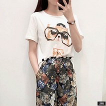 가바바 여성 트레이닝복세트 안경쓴 고양이 프린팅 여름 트레이닝복세트 G45036