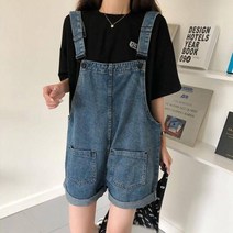 청 데님 반바지 멜빵 점프수트 원피스 바지, 중청_M