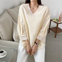 여자 빅사이즈 무지 코디 V넥 심플 블라우스