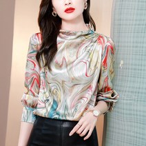 도톰한 실크 블라우스 여 긴팔 누에실 패션 서양풍 프리미엄 빅 프린트 상의
