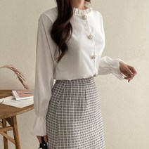 마롱패션 보석 프릴 블라우스 쉬폰 베이지 블랙