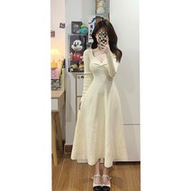 결혼식하객룩 드레스 여성 2023 초봄 새로운 스타일 기질 허리 중간 길이 v 넥 롱 스커트 순수한 욕망